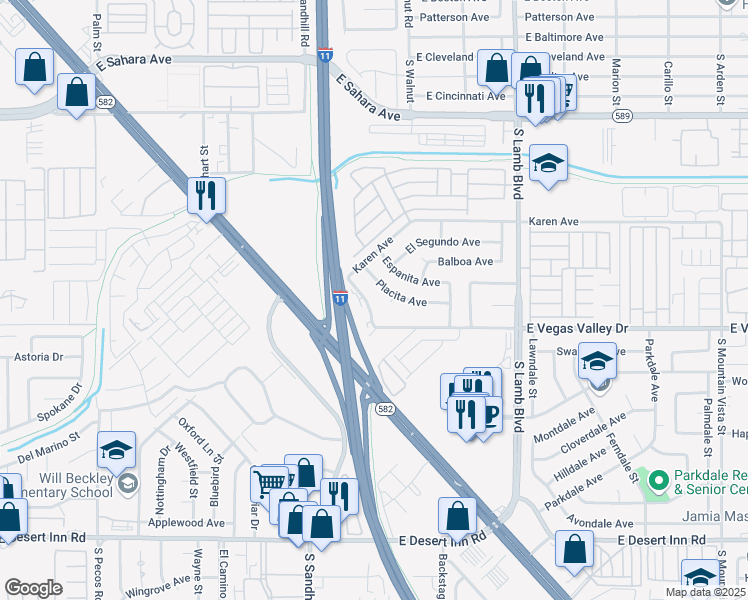 map of restaurants, bars, coffee shops, grocery stores, and more near 2870 South Sandhill Road in Las Vegas