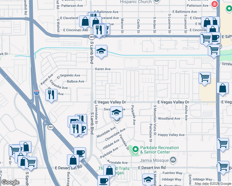 map of restaurants, bars, coffee shops, grocery stores, and more near 4360 Twin View Circle in Las Vegas