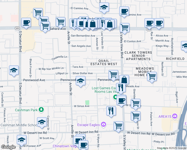 map of restaurants, bars, coffee shops, grocery stores, and more near 4139 Silver Dollar Avenue in Las Vegas