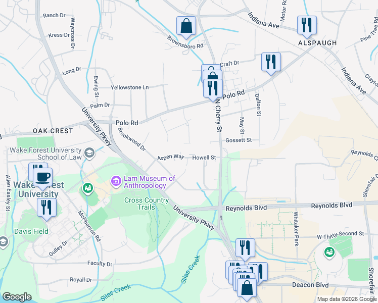 map of restaurants, bars, coffee shops, grocery stores, and more near 902 Aspen Trail in Winston-Salem