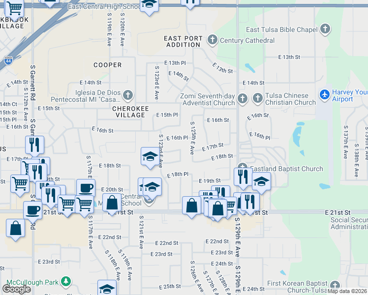map of restaurants, bars, coffee shops, grocery stores, and more near 1701 South 124th East Avenue in Tulsa