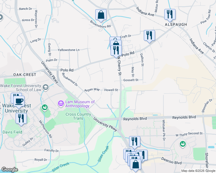 map of restaurants, bars, coffee shops, grocery stores, and more near 704 Aspen Trail in Winston-Salem