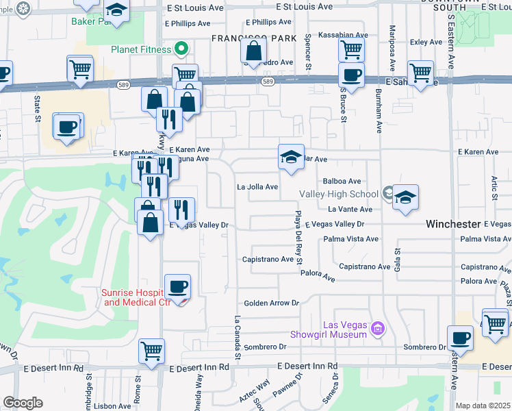 map of restaurants, bars, coffee shops, grocery stores, and more near 1579 Coronado Avenue in Las Vegas