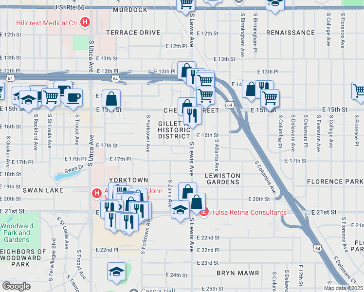 map of restaurants, bars, coffee shops, grocery stores, and more near 2324 East 17th Street in Tulsa