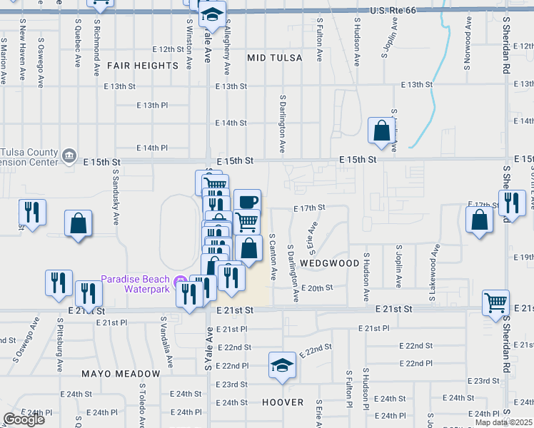 map of restaurants, bars, coffee shops, grocery stores, and more near 1710 South Canton Avenue in Tulsa