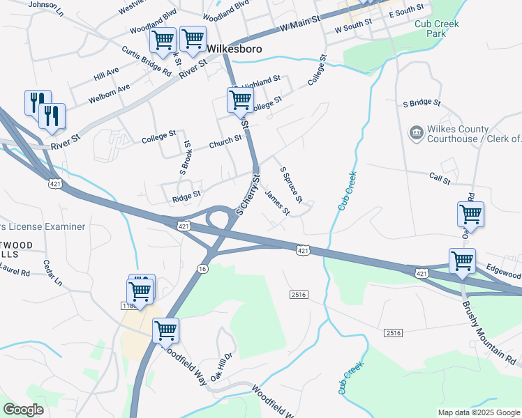 map of restaurants, bars, coffee shops, grocery stores, and more near 610 Ruffin Street in Wilkesboro
