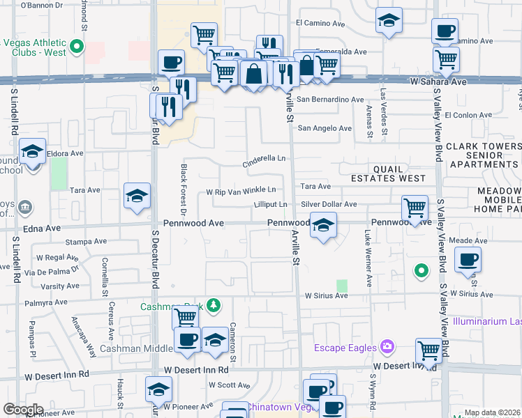 map of restaurants, bars, coffee shops, grocery stores, and more near 4509 Lilliput Lane in Las Vegas
