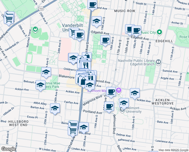 map of restaurants, bars, coffee shops, grocery stores, and more near 1908 Blakemore Avenue in Nashville