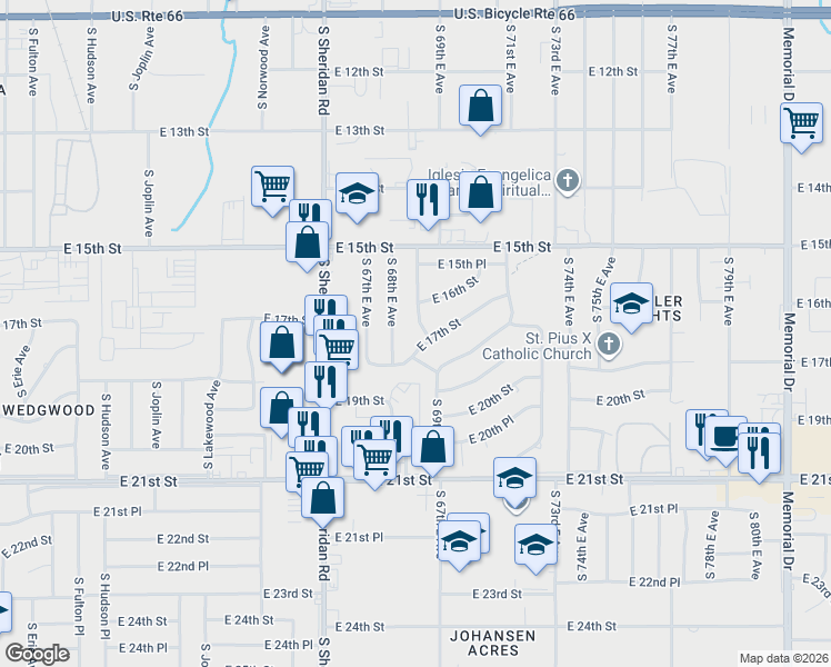 map of restaurants, bars, coffee shops, grocery stores, and more near 1624 South 69th East Avenue in Tulsa
