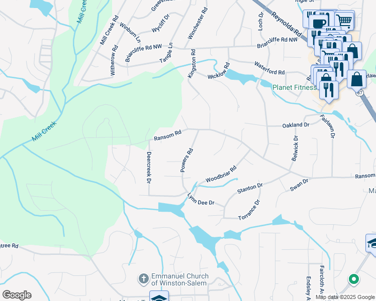 map of restaurants, bars, coffee shops, grocery stores, and more near 113 Powers Road in Winston-Salem