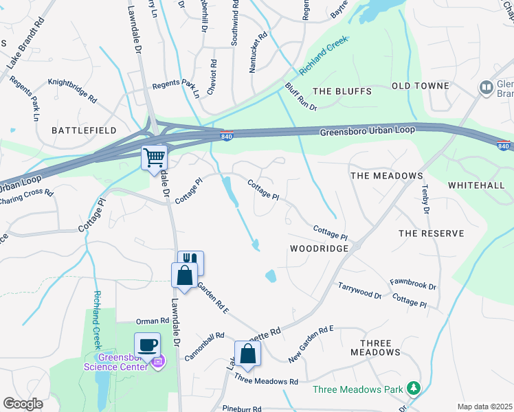 map of restaurants, bars, coffee shops, grocery stores, and more near 2759 Cottage Place in Greensboro