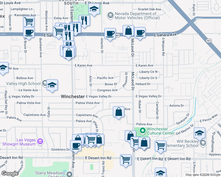 map of restaurants, bars, coffee shops, grocery stores, and more near 2800 Congress Avenue in Las Vegas