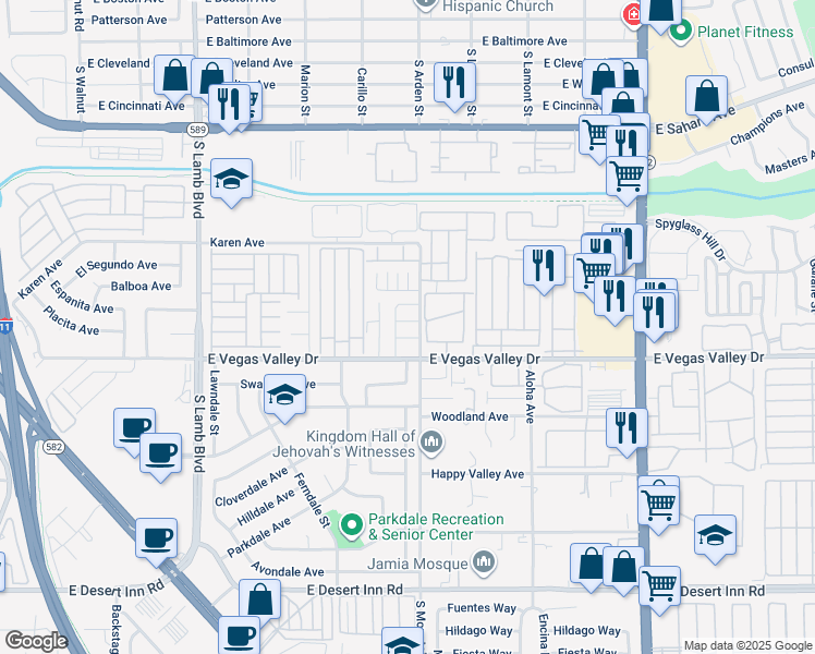 map of restaurants, bars, coffee shops, grocery stores, and more near 4571 Carriage Park Drive in Las Vegas