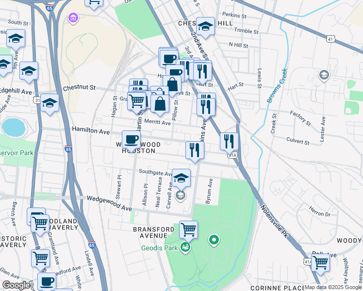 map of restaurants, bars, coffee shops, grocery stores, and more near 515 Hamilton Avenue in Nashville
