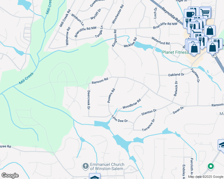 map of restaurants, bars, coffee shops, grocery stores, and more near 113 Powers Road in Winston-Salem