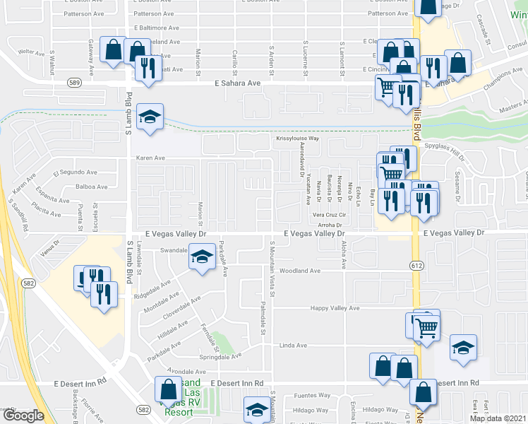 map of restaurants, bars, coffee shops, grocery stores, and more near 107 South Mountain Vista Street in Las Vegas