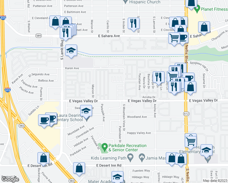 map of restaurants, bars, coffee shops, grocery stores, and more near 2841 Wheelwright Drive in Las Vegas
