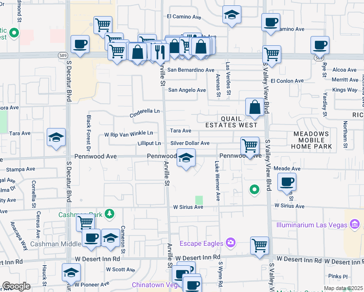 map of restaurants, bars, coffee shops, grocery stores, and more near 4337 Silver Dollar Avenue in Las Vegas