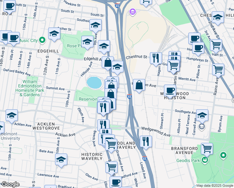 map of restaurants, bars, coffee shops, grocery stores, and more near 763 Lynwood Avenue in Nashville