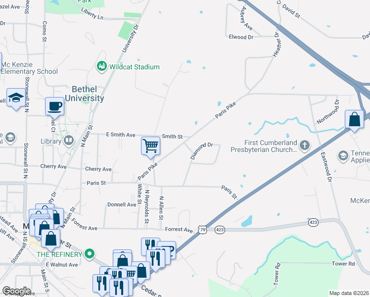 map of restaurants, bars, coffee shops, grocery stores, and more near 288 Paris Pike in McKenzie