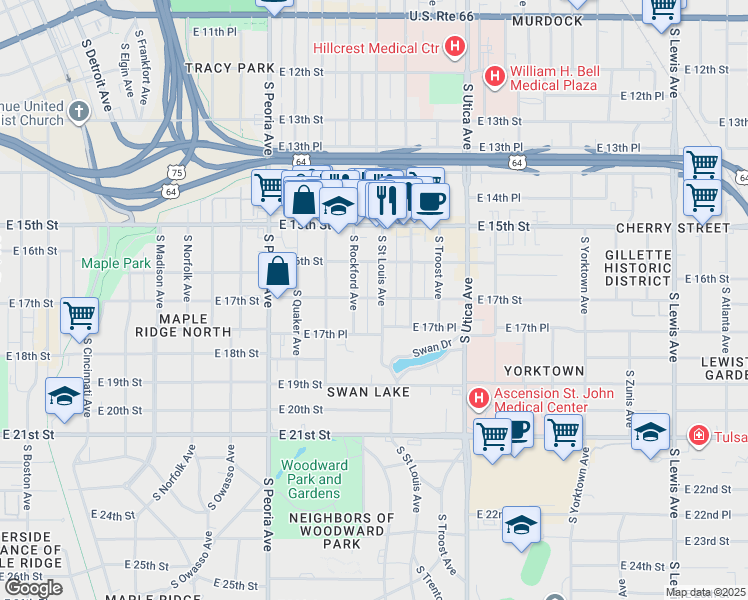 map of restaurants, bars, coffee shops, grocery stores, and more near 1701 South Rockford Avenue in Tulsa