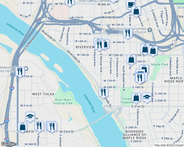 map of restaurants, bars, coffee shops, grocery stores, and more near 1700 Riverside Drive in Tulsa