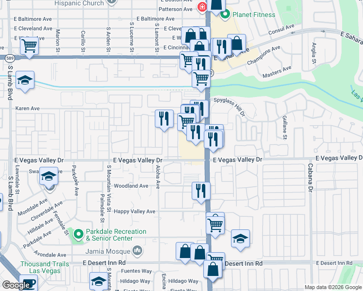 map of restaurants, bars, coffee shops, grocery stores, and more near 2725 South Nellis Boulevard in Las Vegas