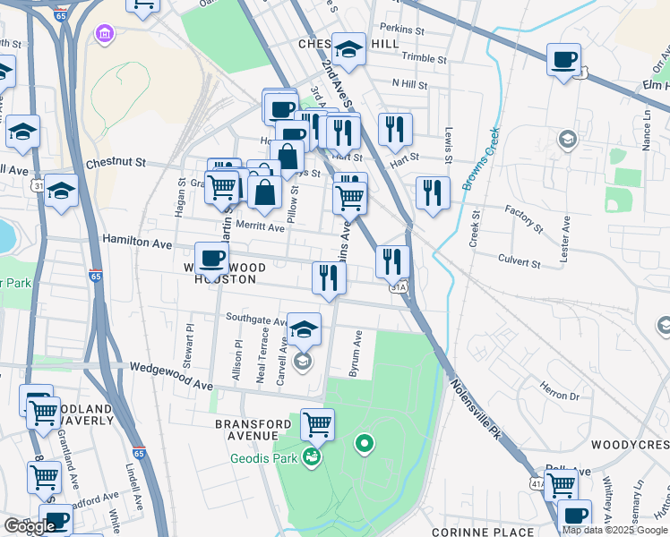 map of restaurants, bars, coffee shops, grocery stores, and more near 127 Rains Avenue in Nashville