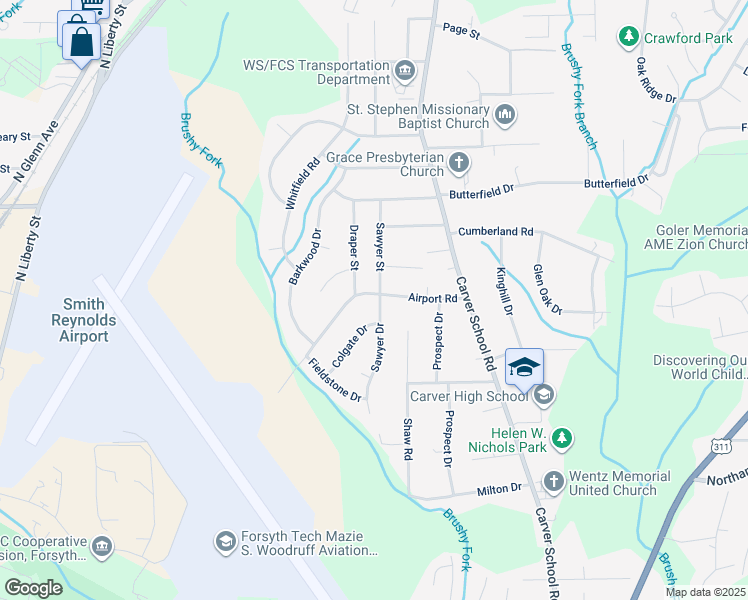 map of restaurants, bars, coffee shops, grocery stores, and more near 3050 Airport Road in Winston-Salem