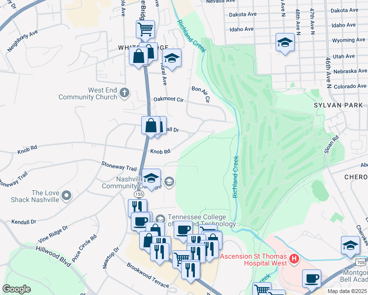 map of restaurants, bars, coffee shops, grocery stores, and more near 5535B Knob Road in Nashville