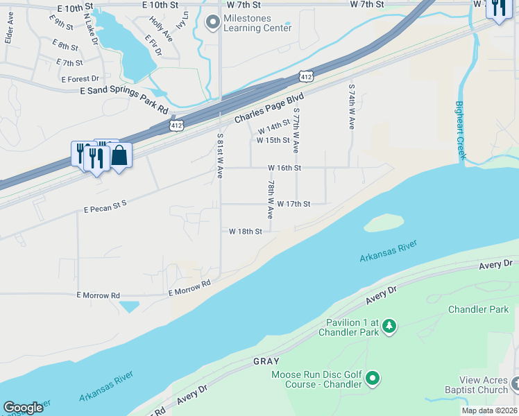 map of restaurants, bars, coffee shops, grocery stores, and more near 7814 West 17th Street in Tulsa
