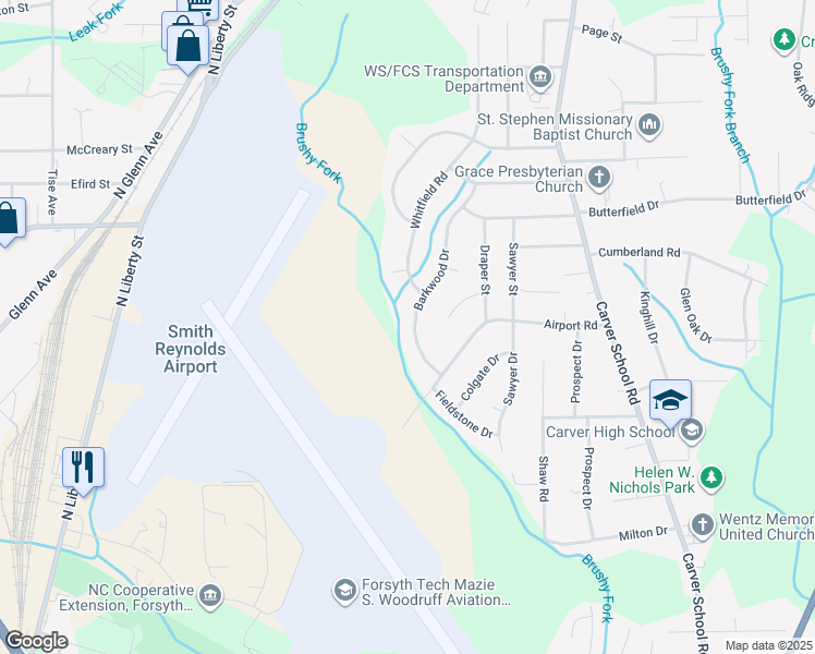 map of restaurants, bars, coffee shops, grocery stores, and more near 3642 Barkwood Drive in Winston-Salem
