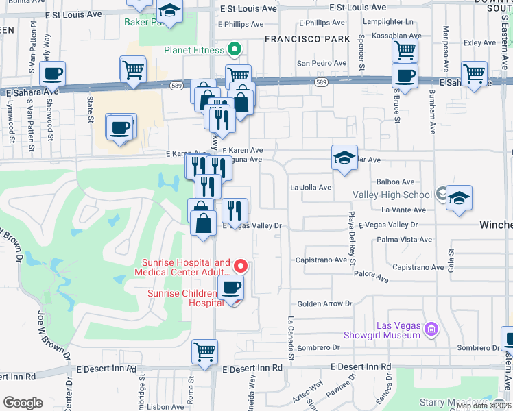 map of restaurants, bars, coffee shops, grocery stores, and more near 2841 Topanga Street in Las Vegas