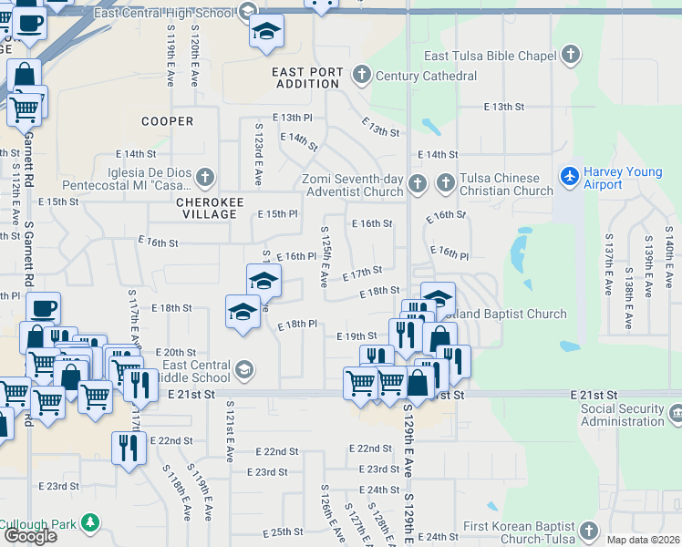 map of restaurants, bars, coffee shops, grocery stores, and more near 12521 East 17th Street in Tulsa