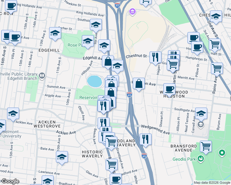 map of restaurants, bars, coffee shops, grocery stores, and more near 763 Lynwood Avenue in Nashville