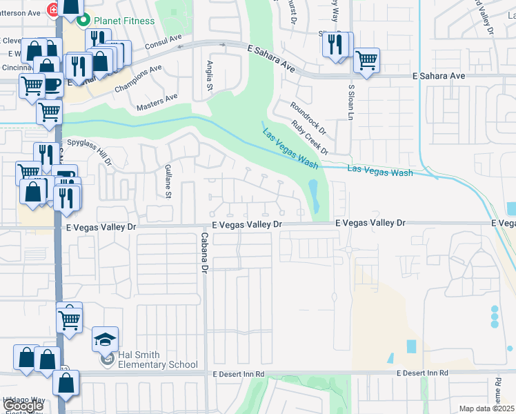 map of restaurants, bars, coffee shops, grocery stores, and more near 5545 Everglade Street in Las Vegas