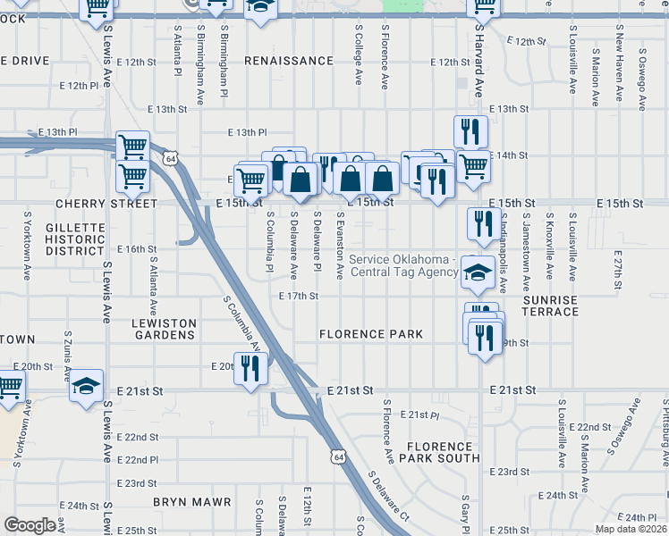 map of restaurants, bars, coffee shops, grocery stores, and more near 1620 South Evanston Avenue in Tulsa