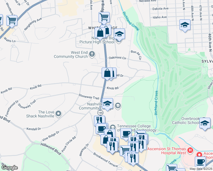 map of restaurants, bars, coffee shops, grocery stores, and more near 5572 Knob Road in Nashville