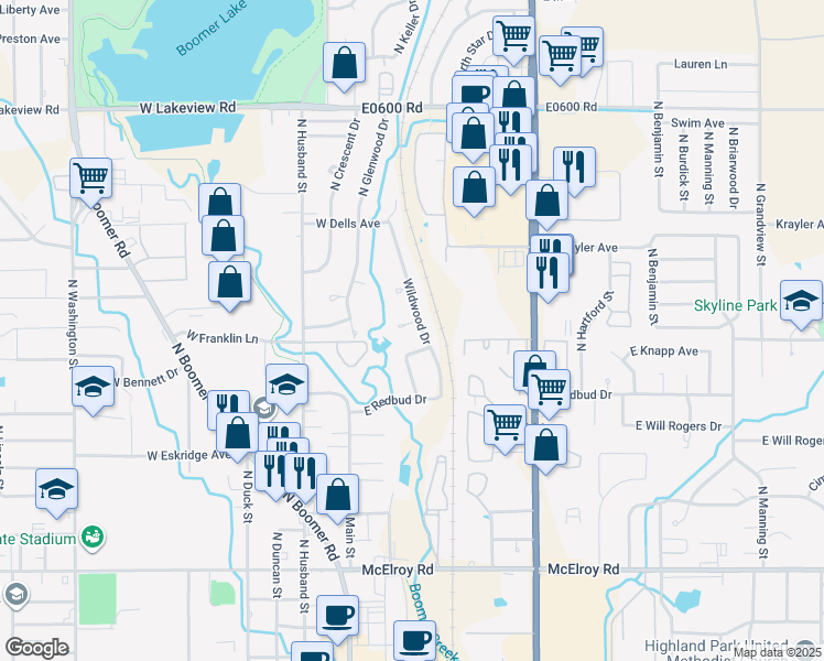map of restaurants, bars, coffee shops, grocery stores, and more near 1502 Wildwood Drive in Stillwater