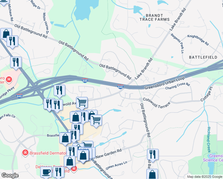 map of restaurants, bars, coffee shops, grocery stores, and more near 3694 Cotswold Avenue in Greensboro