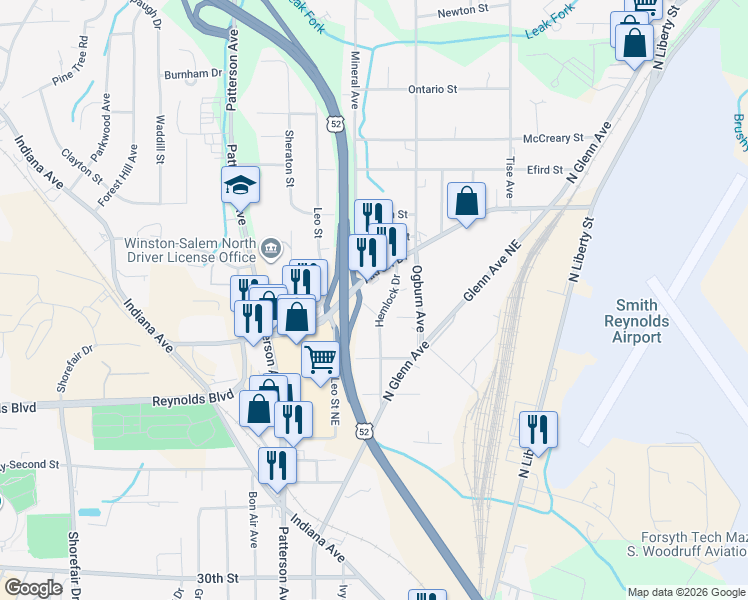 map of restaurants, bars, coffee shops, grocery stores, and more near 3707 Delaware Avenue in Winston-Salem