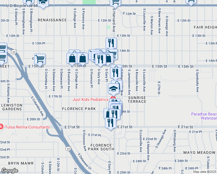 map of restaurants, bars, coffee shops, grocery stores, and more near 1619 South Gary Place in Tulsa