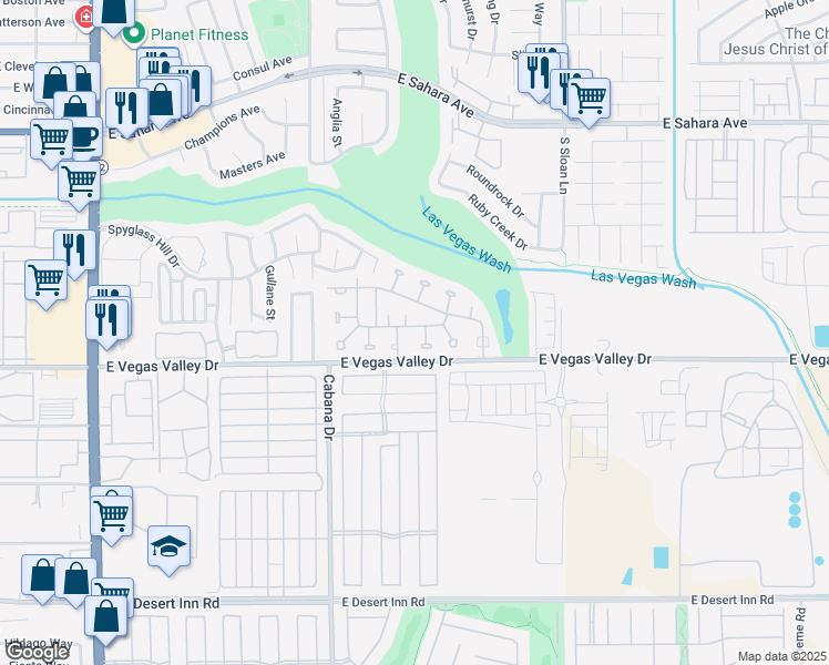 map of restaurants, bars, coffee shops, grocery stores, and more near 5545 Everglade Street in Las Vegas
