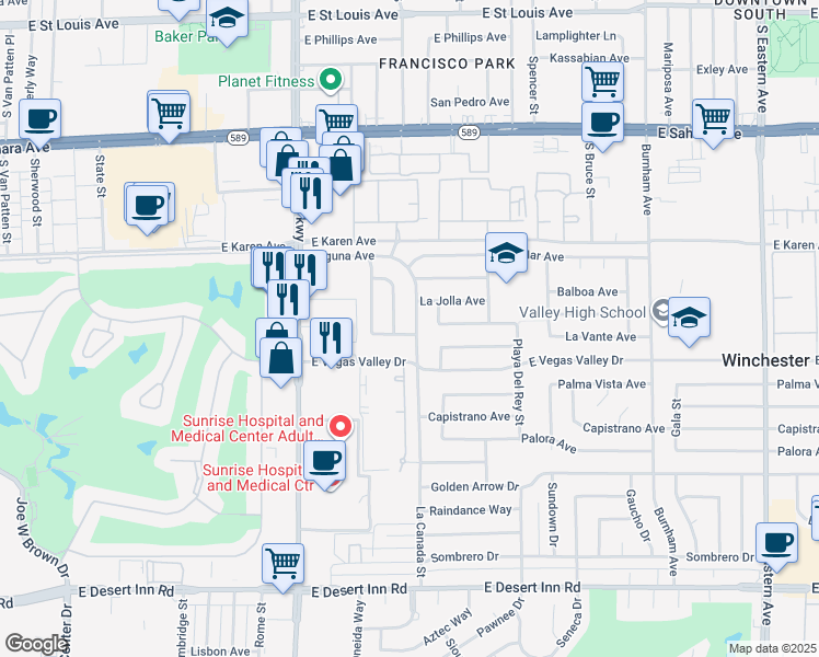 map of restaurants, bars, coffee shops, grocery stores, and more near 2837 La Canada Street in Las Vegas