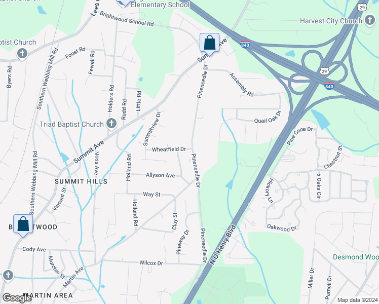 map of restaurants, bars, coffee shops, grocery stores, and more near 2528 Wheatfield Drive in Greensboro