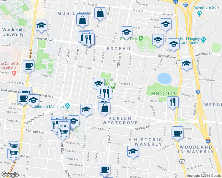 map of restaurants, bars, coffee shops, grocery stores, and more near 1429 12th Avenue South in Nashville