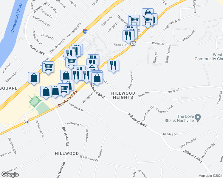 map of restaurants, bars, coffee shops, grocery stores, and more near 835 Russleo Drive in Nashville