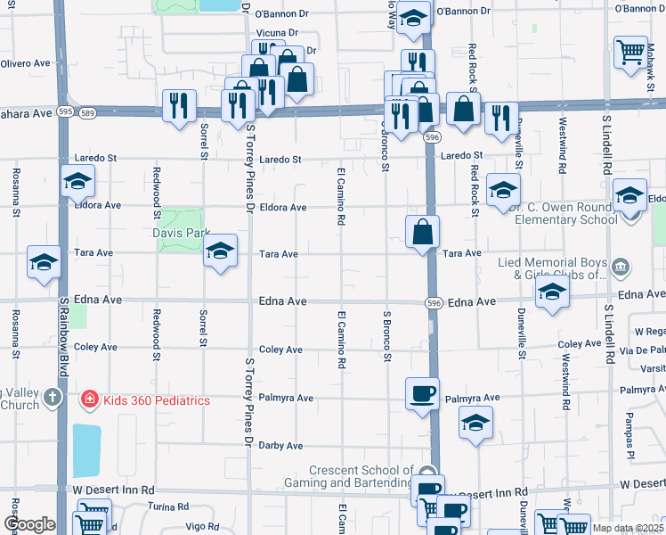 map of restaurants, bars, coffee shops, grocery stores, and more near 2835 El Camino Road in Las Vegas