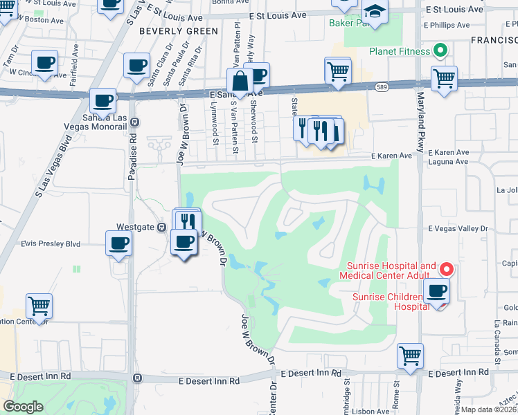 map of restaurants, bars, coffee shops, grocery stores, and more near 2845 Loveland Drive in Las Vegas