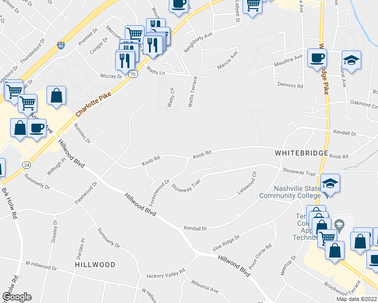 map of restaurants, bars, coffee shops, grocery stores, and more near 5724 Knob Road in Nashville